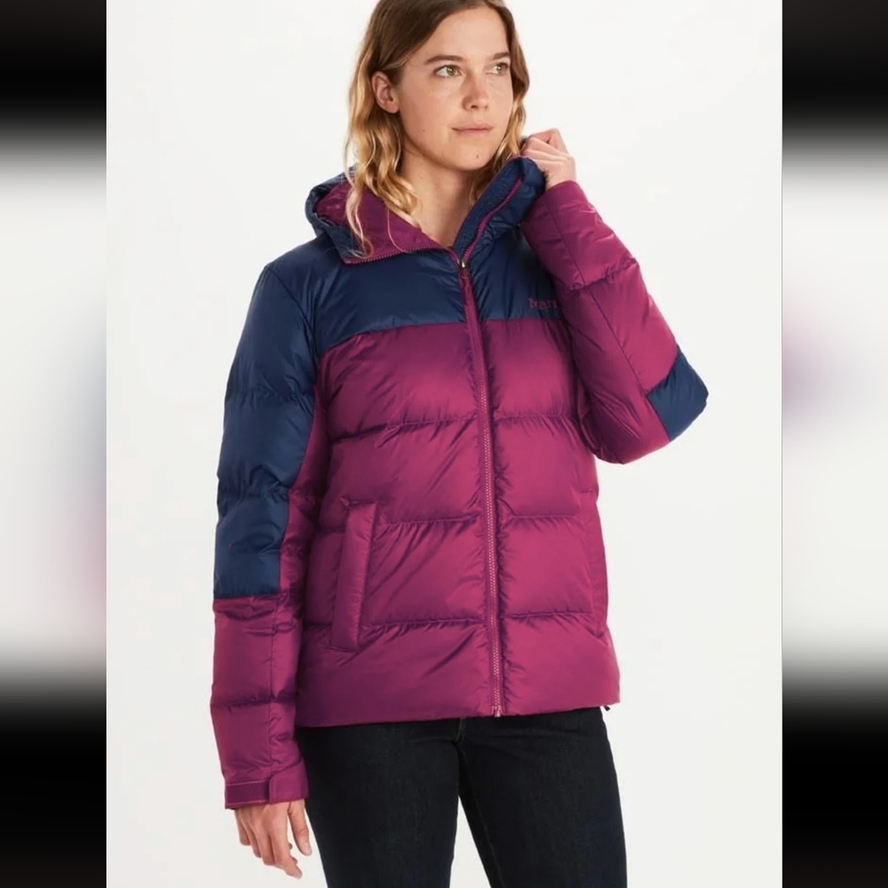 Marmot Women's Guides Down Puffer Jacket Hoody Wild Rose/Artic Navy Large